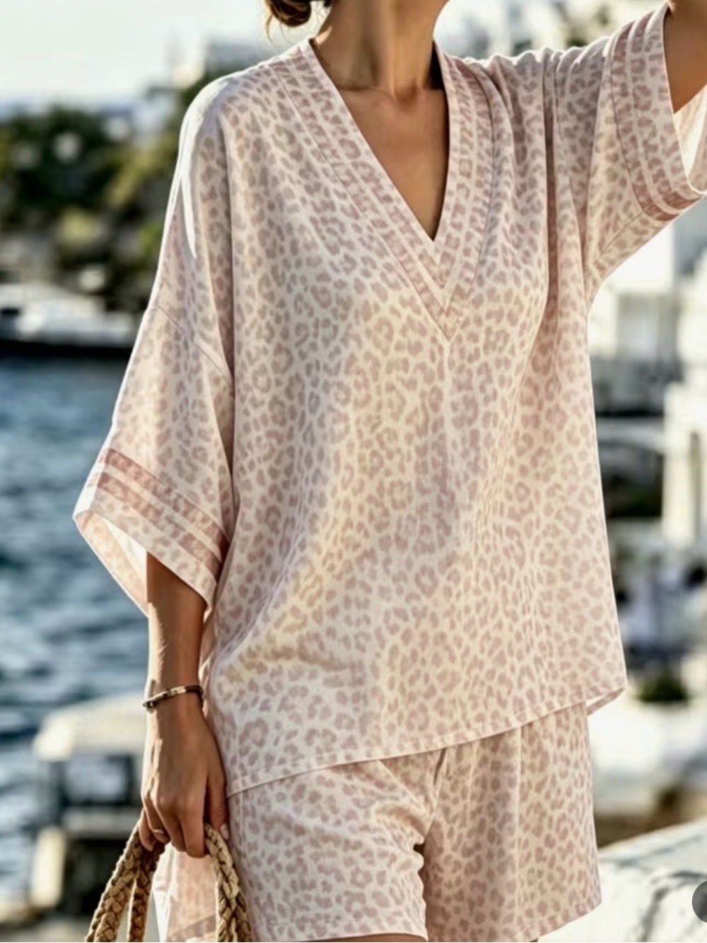 Women’s Light Pink Leopard V-Neck Relaxed Top and Shorts, read description